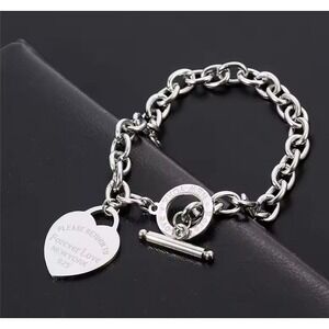 Forever Love New York 925 Sterling Silver Heart Tag Chain Bracelet Toggle‎ Clasp